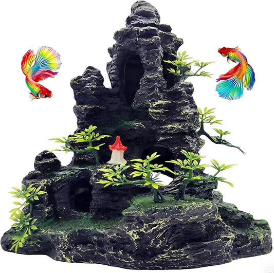 Large Aquarium Decoration Resin Fake Rock Mountain Ornament Landscape Castle Decoration Fighting Fish Reptiles Turtles Hiding Cave Fish Tank Ornaments Accessories - Height 10.7 inches (Green)
