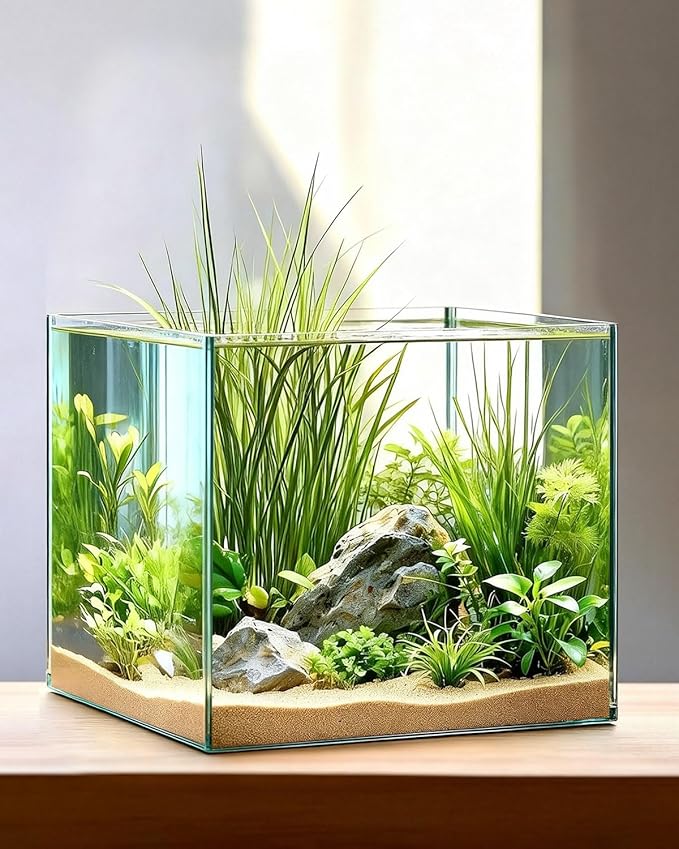7 Gallon Clear Glass Fish Tank, Cube Aquarium Fish Bowl Ultra Clear Rimless Design for Betta Goldfish Snails Shrimp Aquatic Planting
