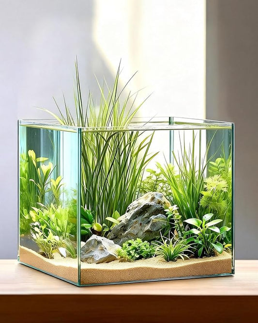 7 Gallon Clear Glass Fish Tank, Cube Aquarium Fish Bowl Ultra Clear Rimless Design for Betta Goldfish Snails Shrimp Aquatic Planting