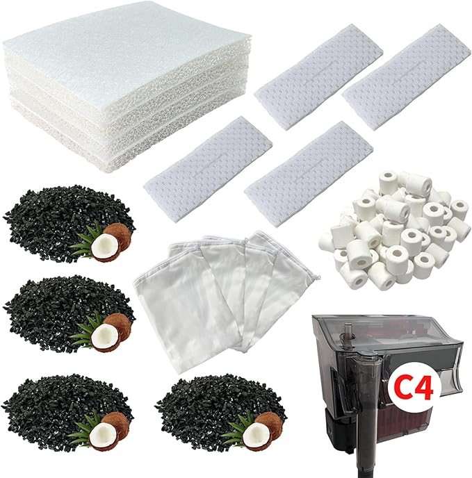 13 Set Aquarium Filter Media Kits Replacement for Fluval C4 (40-70 Gal) Aquarium Power Filter, Includes 4 Foam Pads, 4 Tarpaulins, 4 Activated Carbons, 1 Ceramic Ring