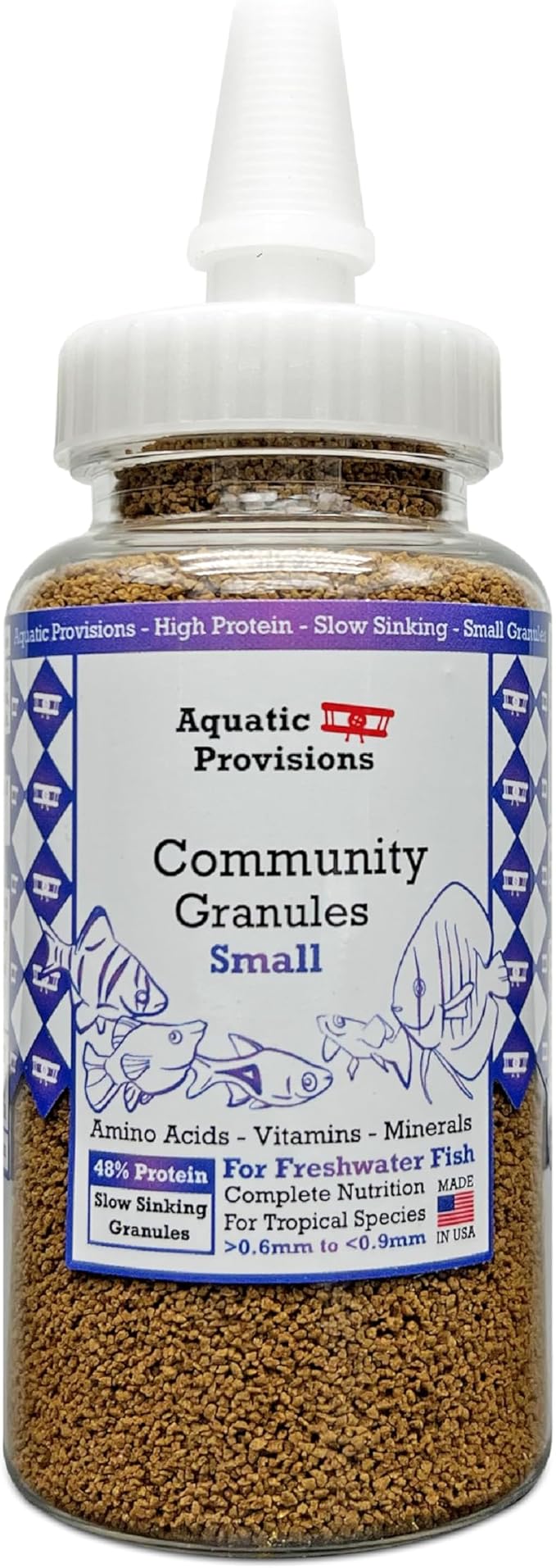 Aquatic Provisions Community Fish Food Small Granules 3.17 oz, High Protein Slow Sinking Small Sized Granules