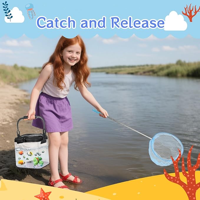 2 Sets Catch Plastic Beach Aquarium Kit, Release Aquarium Box for Beach with Retractable Net Bag and Transparent Portable Handheld（Black）