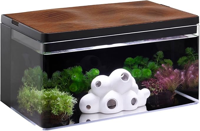 Harmony Deluxe 8 Gallon All-in-One Aquarium Kit, Award-Winning Fish Tank with Lid, Integrated Filtration, LED Light, Low-Iron Glass, Black Tank with Oak Grain Top