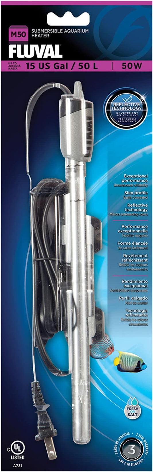 Fluval M 50-Watt Submersible Aquarium Heater – Compact, Reliable Heating with Mirror Technology for Fresh & Saltwater Tanks Up to 15 Gallons