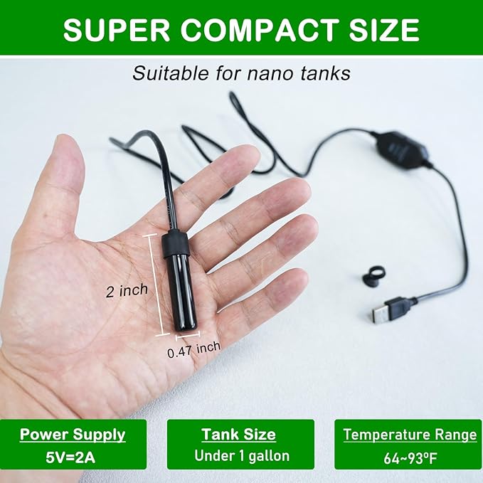 Shatter-Resistant Aquarium Heater, USB 10W Adjustable Mini Fish Tank Heater with External Temperature Controller, Overheating Protection, Used for 0.5-1 Gallon Tank (Alumina Ceramic)