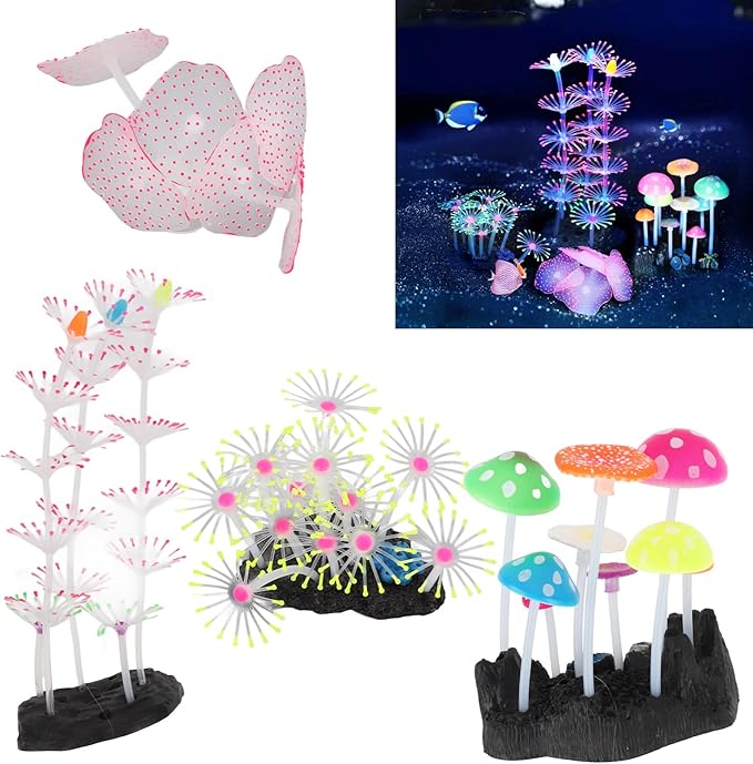 BEIJIALY 5Pcs Aquarium Ornament Glowing Silicone Simulation Aquarium Mushroom Coral Decoration for Fish Tank Aquarium, Silicon Glow Aquarium Plants Ornaments Kit
