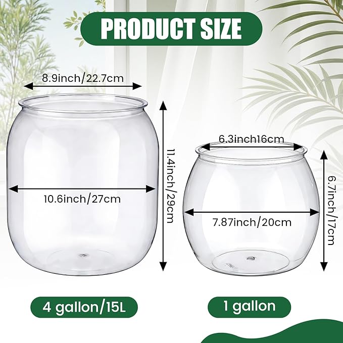 2 Pcs 4 Gallon & 1 Gallon Plastic Fish Bowl Large Round Clear Betta Aquarium Fish Tank Shatterproof Goldfish Bowl Hydroponic Planter Multi-use Container for Terrarium Flower Vase Centerpiece