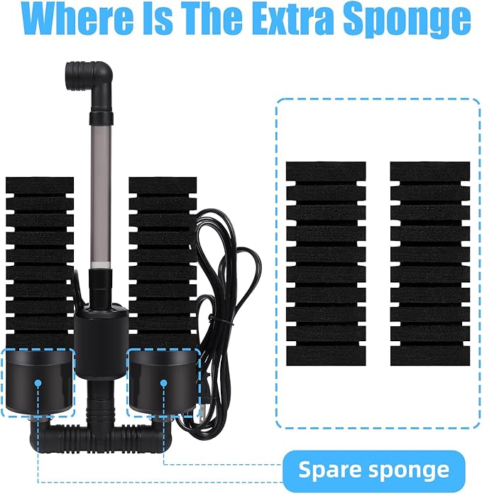AQUANEAT Aquarium Electric Sponge Filter for Fish Tank, with Pump, with 2 Extra Sponges, Middle up to 40Gal