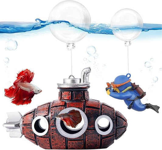 CousDUoBe New Upgrade Floating Fish Tank Decoration, Cute Retro Submarine Set and Floating Diver,Three Float Balls, Aquarium Decorations Resinous Betta Fish Tank Accessories