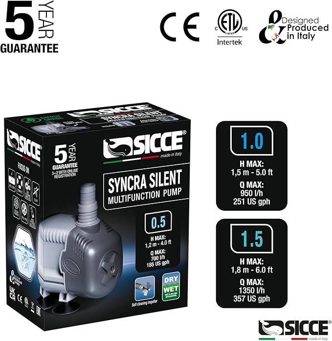 SICCE Syncra Silent 0.5 Multifunction 185 GPH Submersible Water Pump | Italian Made 8W Ultra Quiet Durable for Aquarium Fish Tank, Fountain, Pond, Hydroponics, Terrarium Black | Freshwater & Saltwater