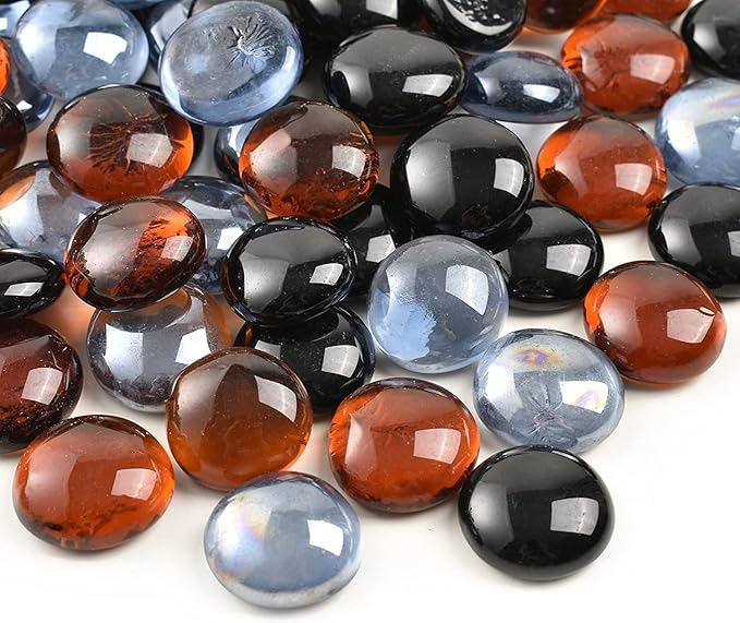 Flat Glass Marbles 1lb, 100PCS Mixed Color Black Amber Gray Glass Beads Rocks Flat Gems Stone for Vase Filler Aquarium Tank Pebbles Decoration