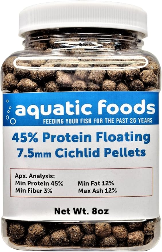 Cichlid Pellets, 45% Protein Floating 7.5mm (5/16") Pellets for Larger Oscars, Central American, South American Cichlids …8oz Small Jar