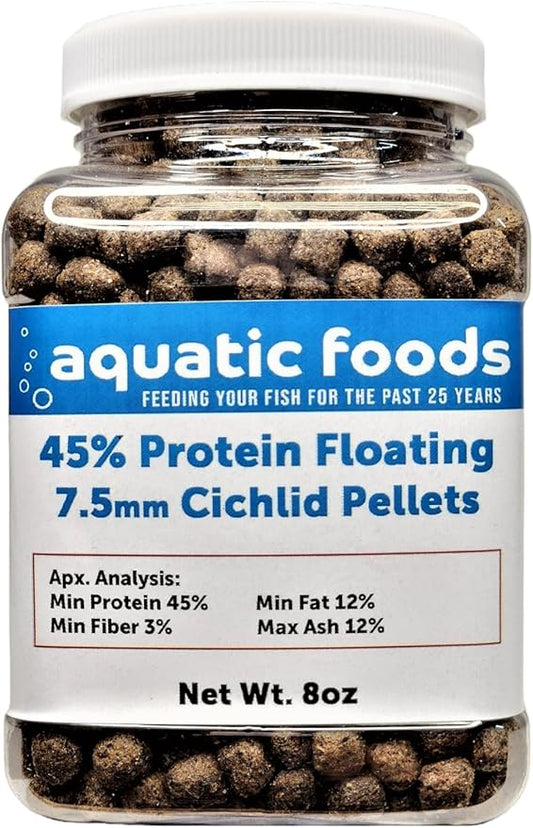 Cichlid Pellets, 45% Protein Floating 7.5mm (5/16") Pellets for Larger Oscars, Central American, South American Cichlids …8oz Small Jar