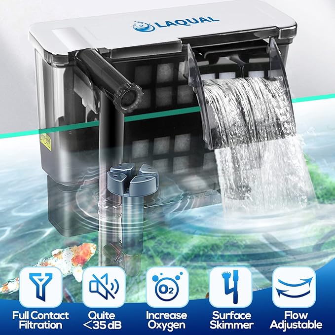 LAQUAL Aquarium Filter with Surface Skimmer, 30-50 Gallon Small Fish Tank Filter, Full Contact & 3 Layer Filtration, Quiet & Efficient, Waterfall Design for Increasing Oxygen, Hang on Back Filter