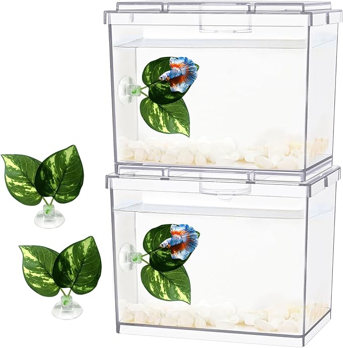 MoonOrange Mini Betta Fish Tank, Small Fish Bowl for Temporary Space, 0.2 Gallon Stackable Cube Tank with Betta Leaf and Gravels for Small Fish, Insect, Shrimp, Crab, Spider.(Pack-2)