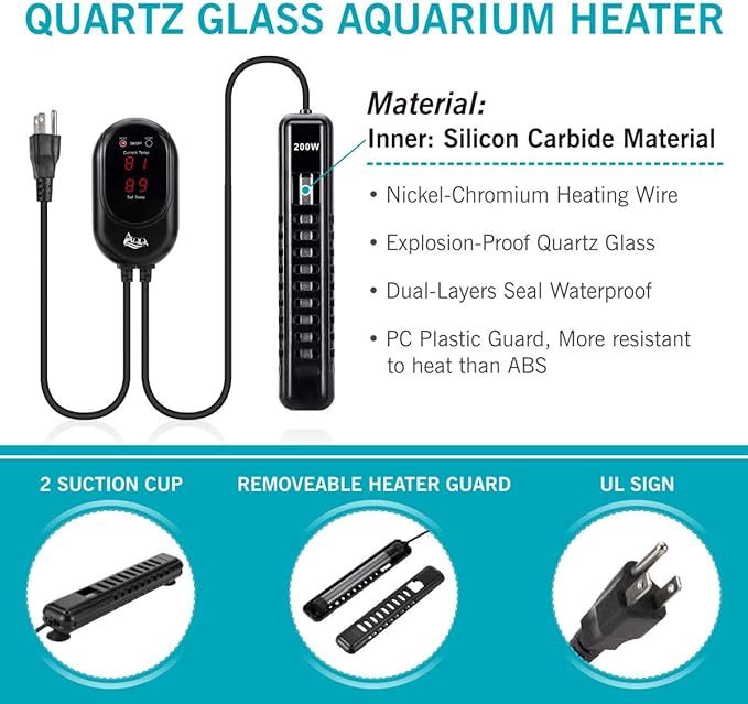 AQQA Aquarium Heater 200W for 45-80 Gallon Submersible Fish Tank Heater for Aquarium Betta Fish Heater Aquarium Thermostat Heater Freshwater and Saltwater (200W for 45-80 Gal)