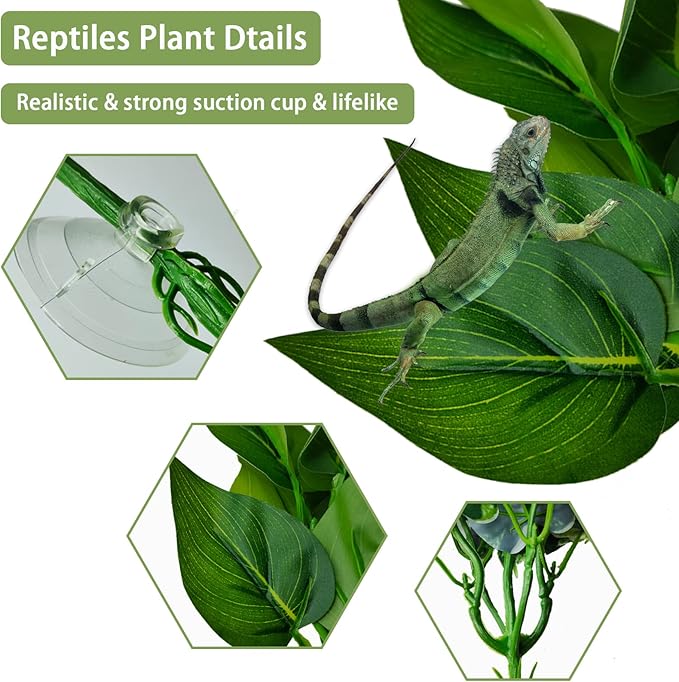 PINVNBY Reptile Terrarium Plants Hanging Artificial Lizards Habitat Climbing Decorations with Suction Cup Pets Tank Fake Green Plastic Ornament for Amphibians Bearded Dragons 6PCS…