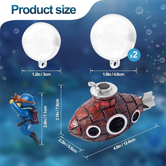 CousDUoBe New Upgrade Floating Fish Tank Decoration, Cute Retro Submarine Set and Floating Diver,Three Float Balls, Aquarium Decorations Resinous Betta Fish Tank Accessories