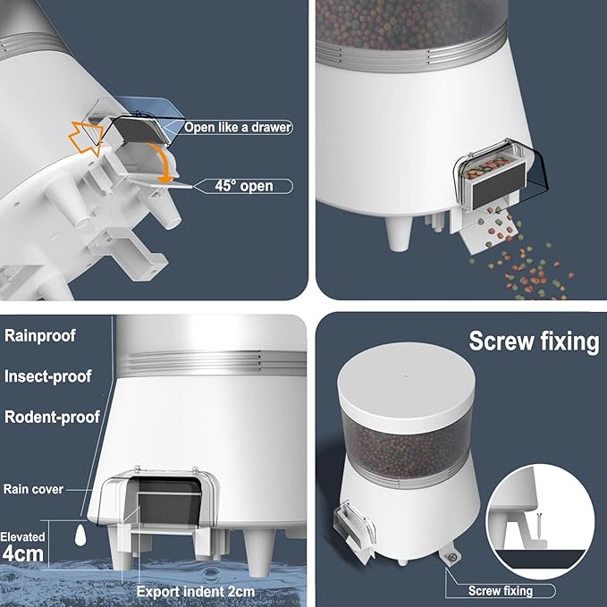 Automatic Pond Fish Feeder, Programmable Bluetooth APP Timer, Battery and USB 5V Powered, Large Outdoor Rainproof Koi Fish Feeder, Capacity 4L White, WP8623B