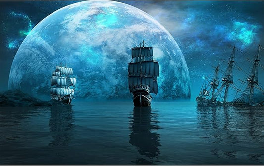 Ocean Blue Planet Aquarium Background Splendid Aurora Deep Sea Sailing Ships Fish Tank Background Night View Seascape Ancient Adventure Pirate Ship Terrarium Backgrounds for Home Tank Decors 30x18in