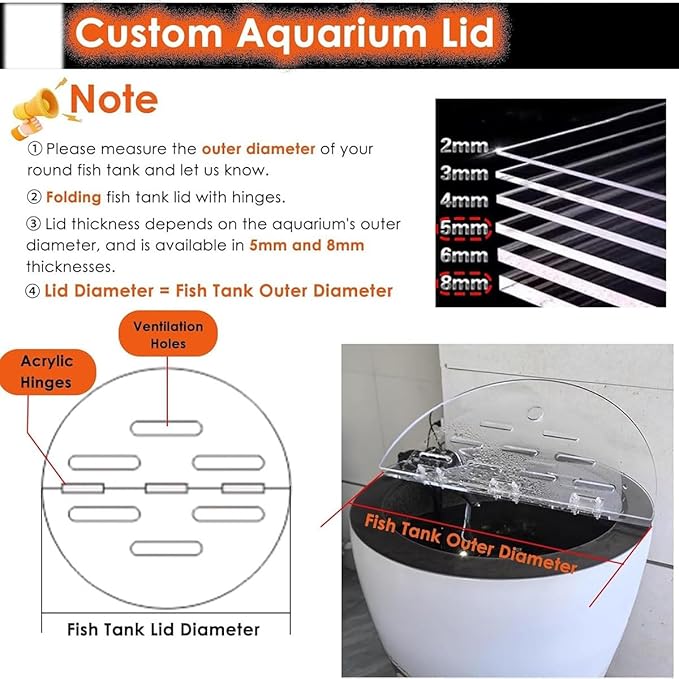 Acrylic Aquarium Lid - Cat-Proof Round Fish Tank Cover, Customizable Terrarium Anti-Jump Hood with Holes & Hinges, Folding Flip-Top Design for Easy Access