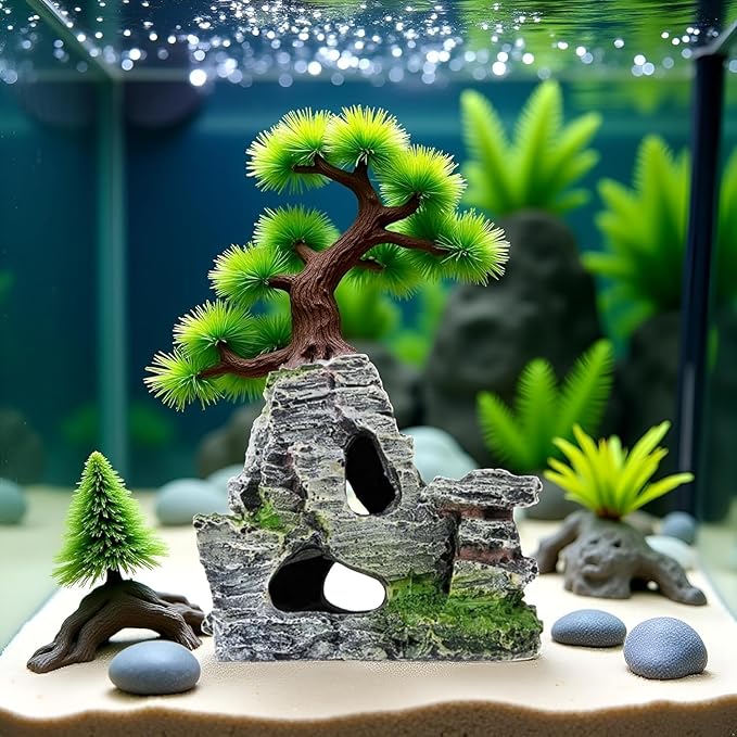 Artificial Moss Rock Aquarium Stone Cave – Resin Fish Tank Decor for Hiding and Landscaping, Small Mountain Terrain Ornament, Natural-Looking Habitat for Fish, Shrimp, and Reptiles, Decoration