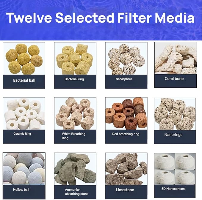 Bio Aquarium Filter Media, 12 in 1 Fish Tank Filter Material, Ceramic Rings Activated Carbon Bio Balls Freshwater Marine Biological Filter Media for Koi Fish Tank Pond (2.2lb with Mesh Bag)