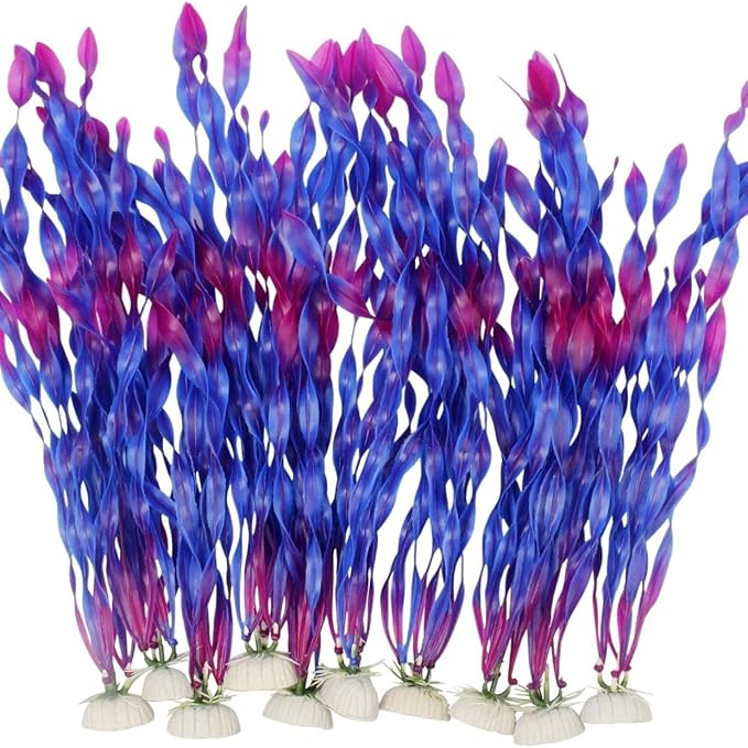 Artificial Aquarium Plants, Green Plastic Fish Tank Decorations, 12 Inch Tall Water Plants with Stable Base, 10 Pack, Safe for Fish (Purple)