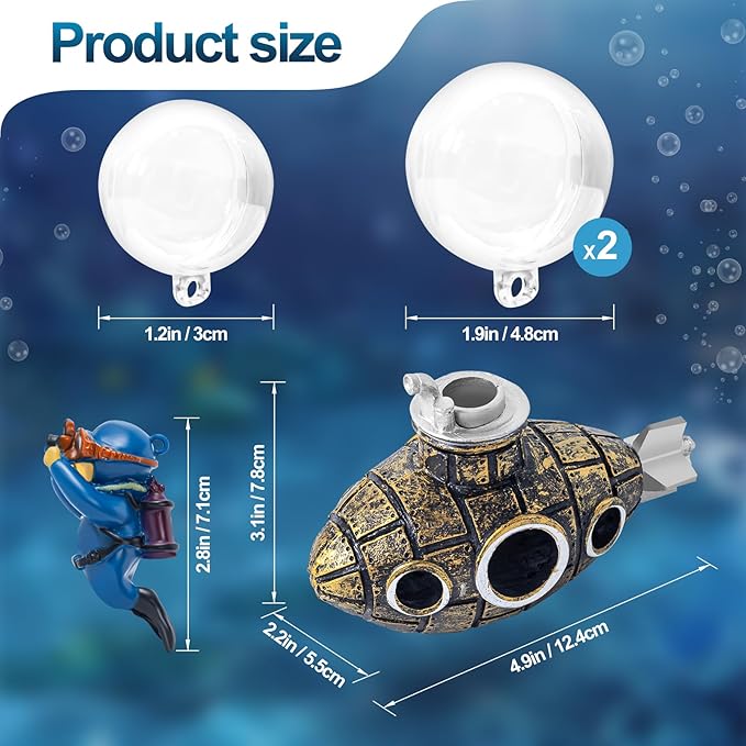 CousDUoBe New Upgrade Floating Fish Tank Decoration, Cute Retro Submarine Set and Floating Diver,Three Float Balls, Aquarium Decorations Resinous Betta Fish Tank Accessories