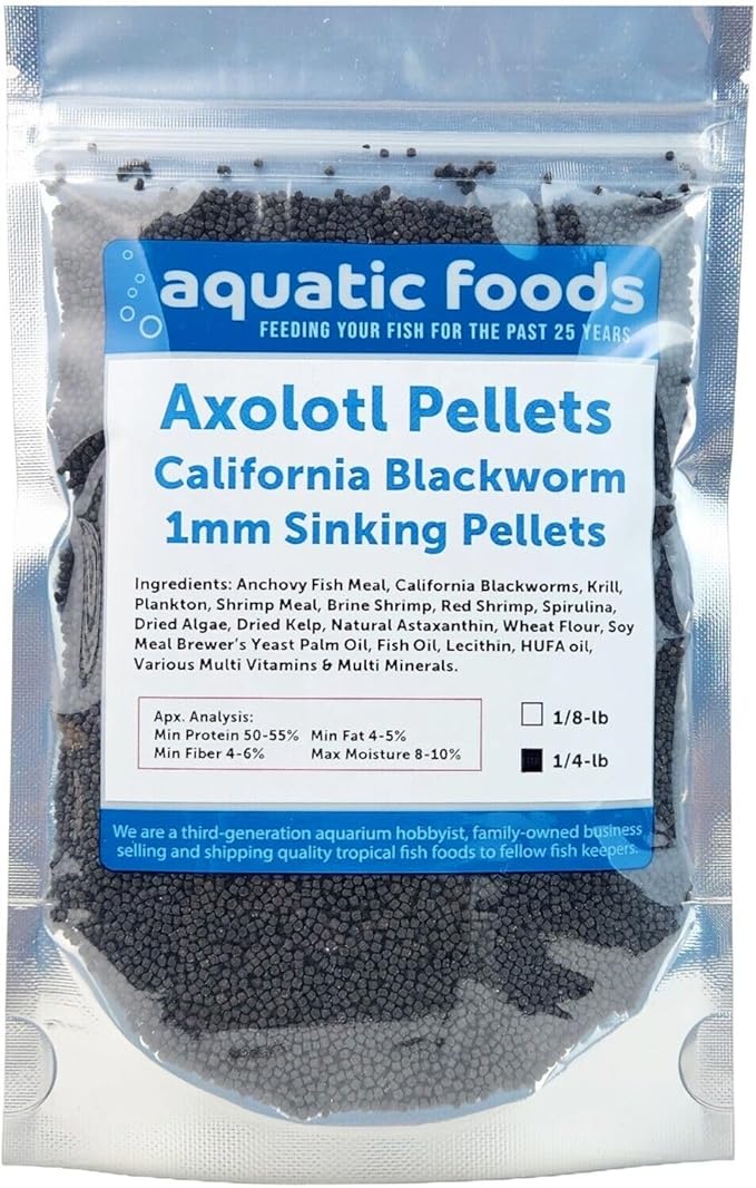 Axolotl Blackworm Pellets. 1mm-1/32 Sinking California Blackworm Micro Pellets for Baby Axolotl, Frogs, Shrimp, Salamanders, Newts, Snails…1/4-lb Pouch Bag