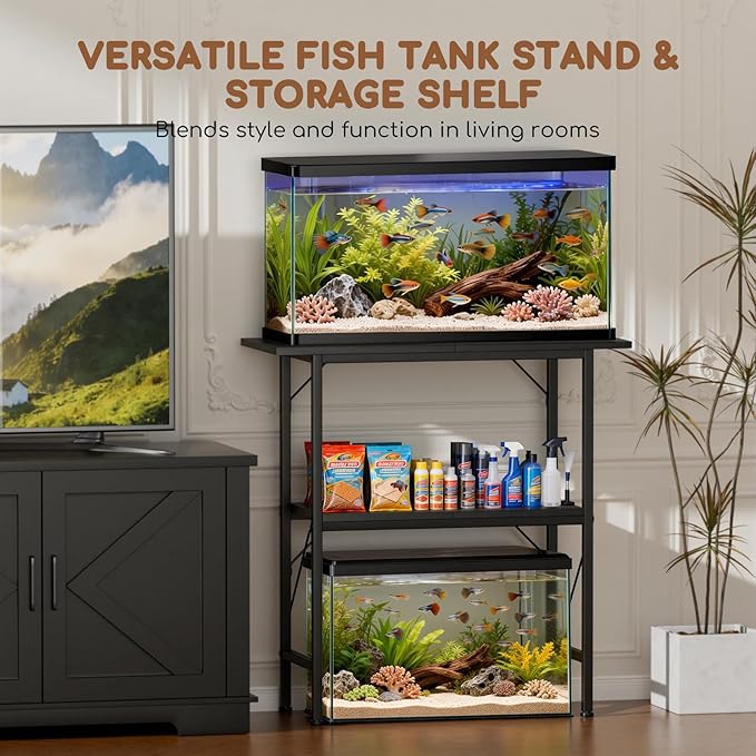 20-29-30 Gallon Fish Tank Stand with Storage Shelves, 2-Tier Aquarium Stand with Metal Frame, Heavy Duty Reptile Turtle Tank Stand for Home Office, 30" L x 11.8" W x 30.5" H, Black