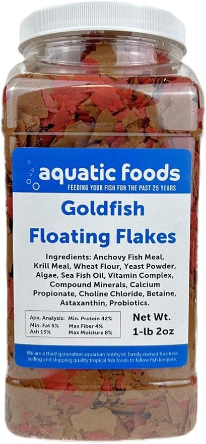 Goldfish Flakes, 42% Protein Color Enhancing and Spirulina Flakes for Aquarium & Pond Goldfish, Koi and All Pond Fish...WL 1-lb 2oz Lg Jar