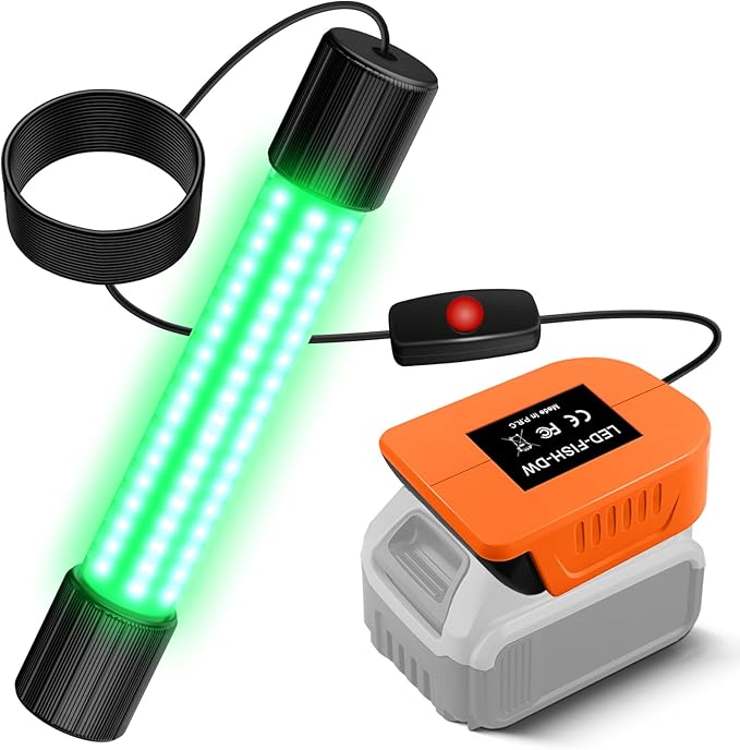 Underwater Fishing Green Light Compatible with DeWalt 20V Battery,1300 Lumens, LED Light for IP68 Waterproof Submersible Fish Lighting Attractants for Night Fishing, Docks, Boats, Kayaks(No Battery)