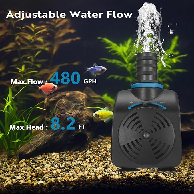 TONGCHANT Submersible Pump, 480GPH & 8.2ft Lift | 35W Adjustable Flow Fountain Pump for Small Pond Fish Tank & Aquarium, 3 Nozzles(1/2", 5/8" & 3/4"), Fish Safe & Ultra Quiet Operation, ETL Listed