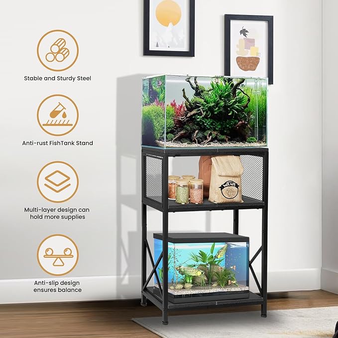 SwaaVee 10 Gallon Fish Tank Stand, Heavy-Duty 3-Tier Metal Storage Cabinet, Rustic Brown Aquarium Stand for Fish, Turtle & Reptile Terrariums (Rustic Black)