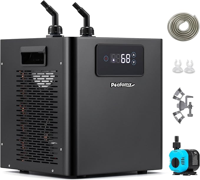 Poafamx Aquarium Chiller 1/3 HP, 79Gal Water Chiller with Upgraded LED Display, Water Pump and Pipe, Quiet Aquarium Cooler for Fish Tank Axolotl Coral Hydroponics System