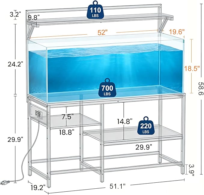 55 Gallon Fish Tank Stand, Aquarium Stand with Power Outlet, Heavy-Duty Reptile Terrarium Stand Table with Top Shelf for 55 Gallon Standard Long-Type Model, 52" L x 19.6" W x 29.9" H(Brown)