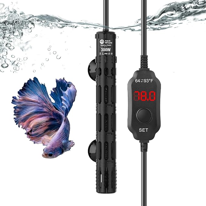 AquaMiracle Submersible Aquarium Heaters, 300W Fish Tank Heater with LED Digital Temp Display, Dry-Run Auto Power-Off & Overheat Protection, for Freshwater and Saltwater Tanks (40-75 Gal)