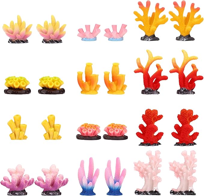 24pcs Mini Fake Resin Coral Reef, Miniature Resin Coral Figurines 12 Styles Colored Small Artificial Plants for Fish Tank Garden Flower Pot Bonsai Tiny Micro Landscape Decors Faux Coastal Beach Ocean