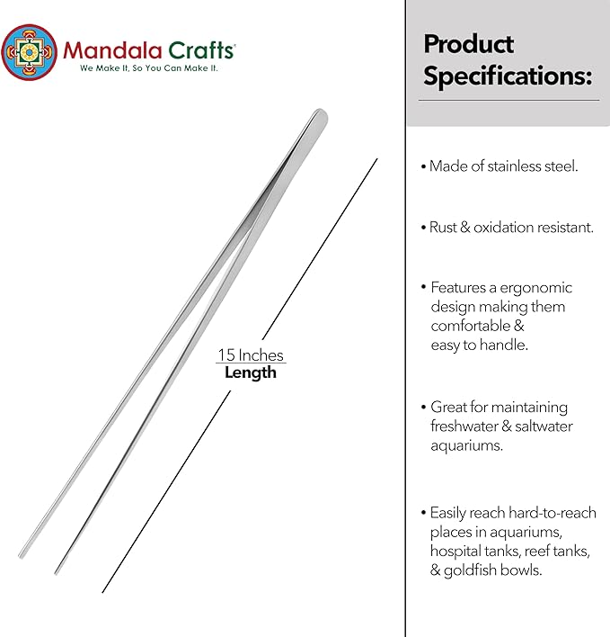 Mandala Crafts 15 Inches Silver Stainless Steel Straight Aquarium Tweezers for Aquatic Plants – Long Aquascape Forceps for Fish Tanks, Hospital Tanks, Goldfish Bowls, and Terrariums