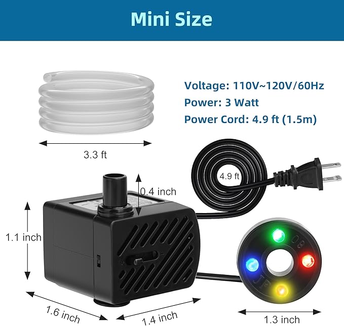 DaToo Mini Submersible Fountain Water Pump With LED Light 50GPH 3W Small Ultra Quiet Water Pump With Tubing For Aquarium Fish Tank Outdoor Pond Water Feature Fountain Statuary