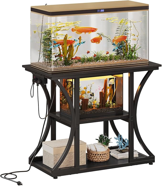 50 Gallon Aquarium Stand with Power Outlets Fish Tank Stand with 3-Tier Storage Shelves Display Stand for Turtle Tank Shelves Metal Frame Stand for Living Room Office Entryway(Black)