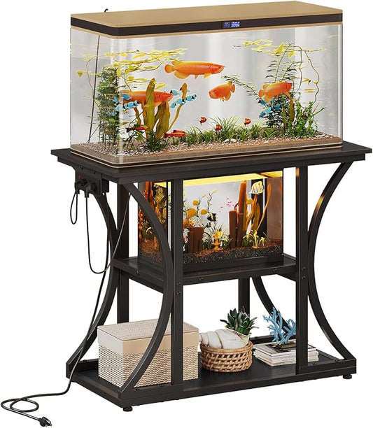 50 Gallon Aquarium Stand with Power Outlets Fish Tank Stand with 3-Tier Storage Shelves Display Stand for Turtle Tank Shelves Metal Frame Stand for Living Room Office Entryway(Black)