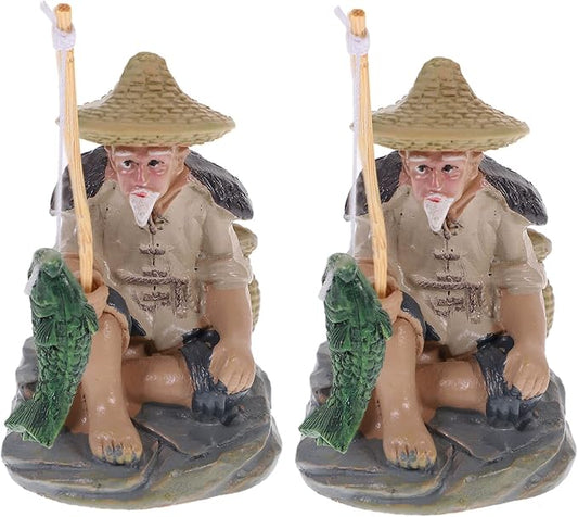 Mobestech 2pcs Fisherman Figurines Aquarium Ornaments Miniature Garden Decorations Safe Non-Fading Fish Tank Decor for Sand Table and Flowerpot