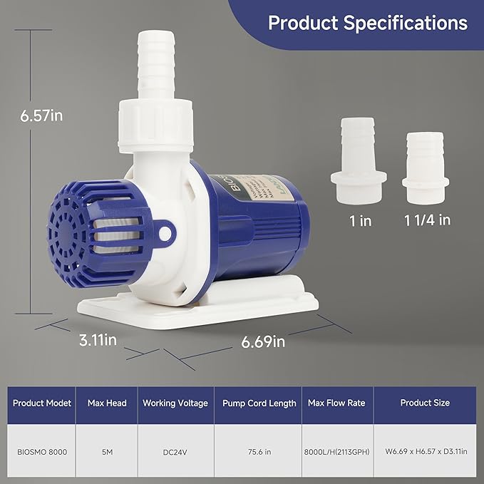 LANDEN BIOSMO 8000 DC Sine Wave Water Pump Return Pump 8000L/H (2112GPH) High Performance Aquarium Cleaning Ultra Quiet Operation 10-85W 3 Modes Control Ideal for 200-425 Gallon Fish Tanks