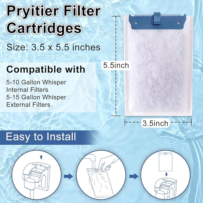 Pryitier 12 Pack Filter Cartridge Compatible with Whisper Bio-Bag Filters 10i/IQ10/PF10, Medium Replacement Filter Cartridges for Aquariums Compatible with ReptoFilte 20 gallons (90 GPH)