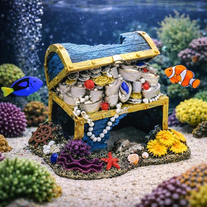 Large Aquarium Ornament Decorations Fish Tank Landscape (Treasure Chest Box)