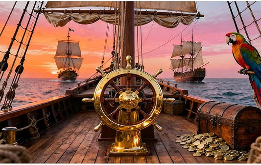 Sunset Ancient Sailing Boats Aquarium Background Luxurious Steering Wheel Treasure Chest Coins Wooden Sailboat Fish Tank Background Ocean Seascape Terrarium Backgrounds for Tank Decors 72x16in