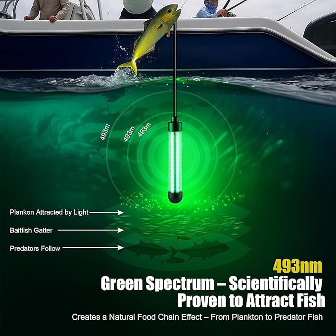 Underwater Fishing Light, 25W 2700LM Green Fishing Light, IP68 High Efficiency LED Fish Attractor Lamp, UL Certified 32.8ft Cable, Waterproof Submersible Lamp for Boat, Dock, Kayaks
