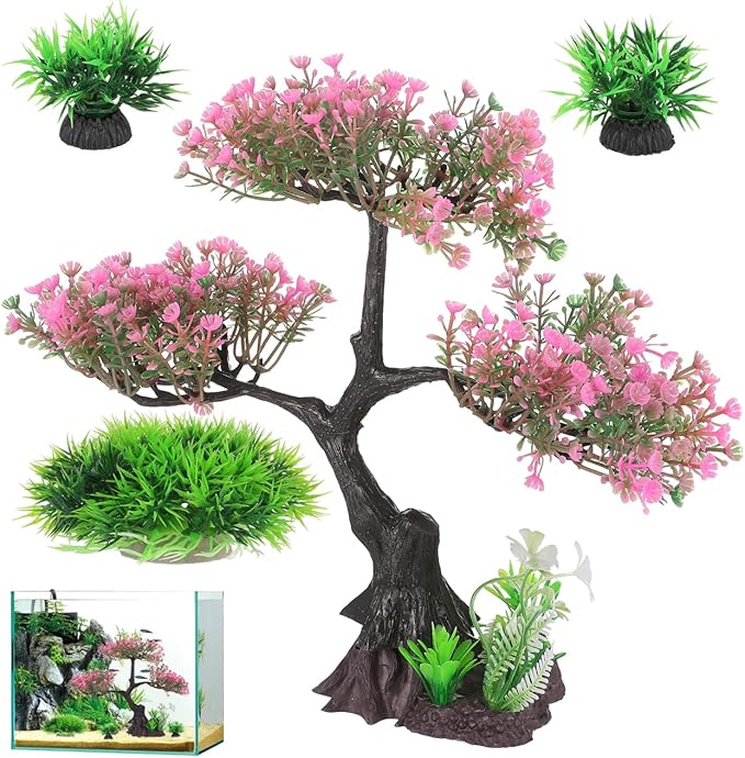 Kisangel Artificial Aquascaping Plants Kit, Pink Bonsai Tree Fake Plastic Ornaments, Japanese Style Décor for Fish, Turtle & Axolotl Habitats, 11.4" x 9.4"
